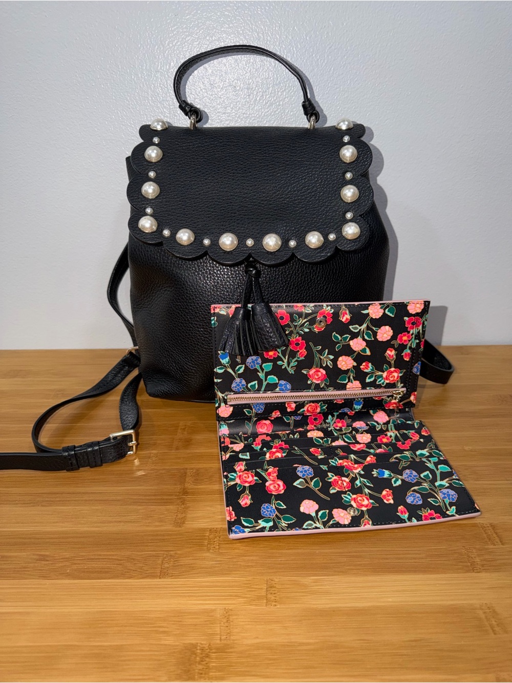 Kate Spade Hayes Street Pearl Teba Backpack Black Leather + Pink Wallet